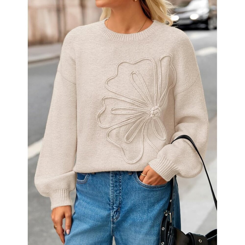 Women's Winter Floral Sweater Crew Neck Lantern Sleeve 2025 Fall Trendy Warm Chu - Picture 2 of 9